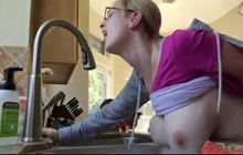 Big-tittied blonde wife fucked from behind in the kitchen